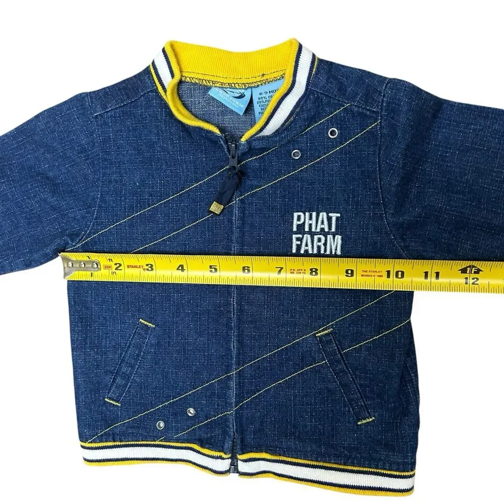 Phat Farm Boys Denim Jacket Size 6-9m‎ Blue Yellow Zip Logo Pockets